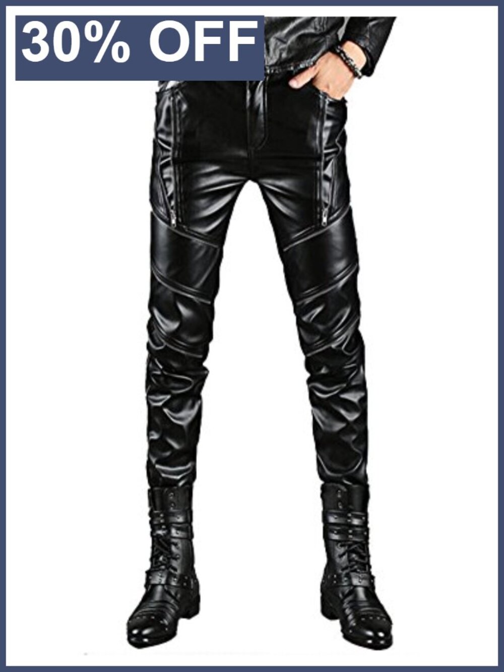 Faux Leather Slim Fit Tapered Biker Pants Mid Rise Pull On Casual